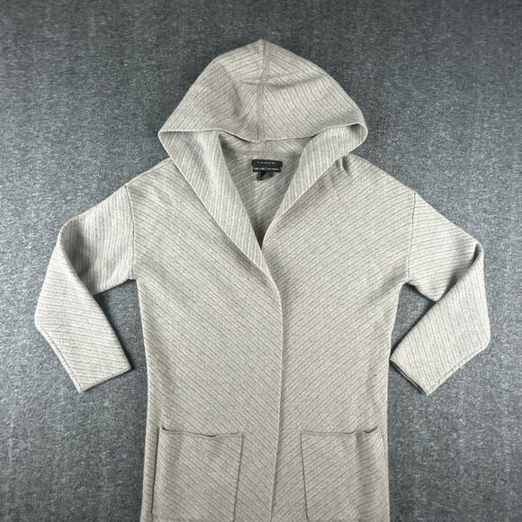 Tahari 100% Cashmere Open Front Long Cardigan Womens Sz XS Beige Hooded 36” Long - Picture 2 of 8